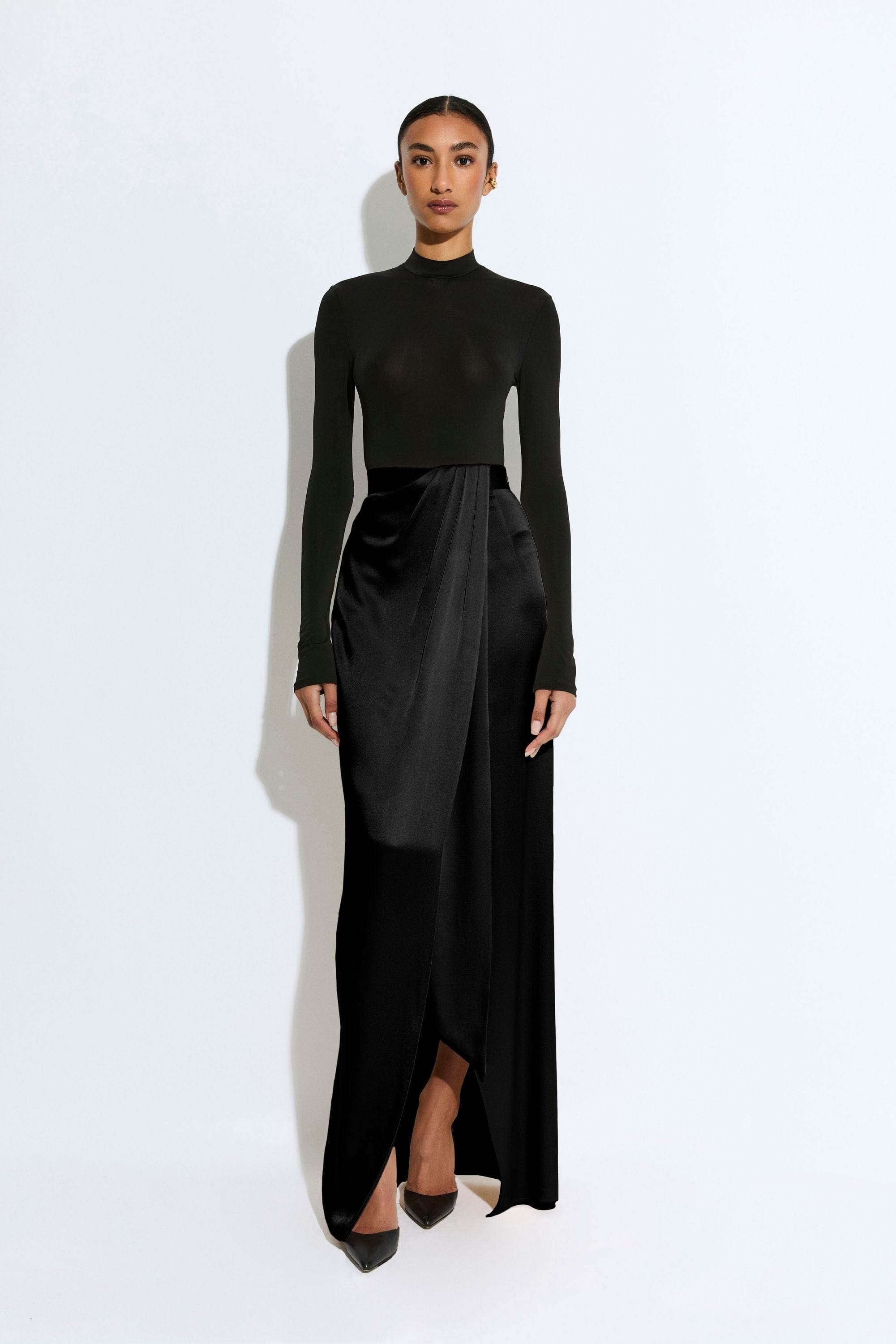 Satin Wrap Maxi Skirt in Black Black | LAPOINTE