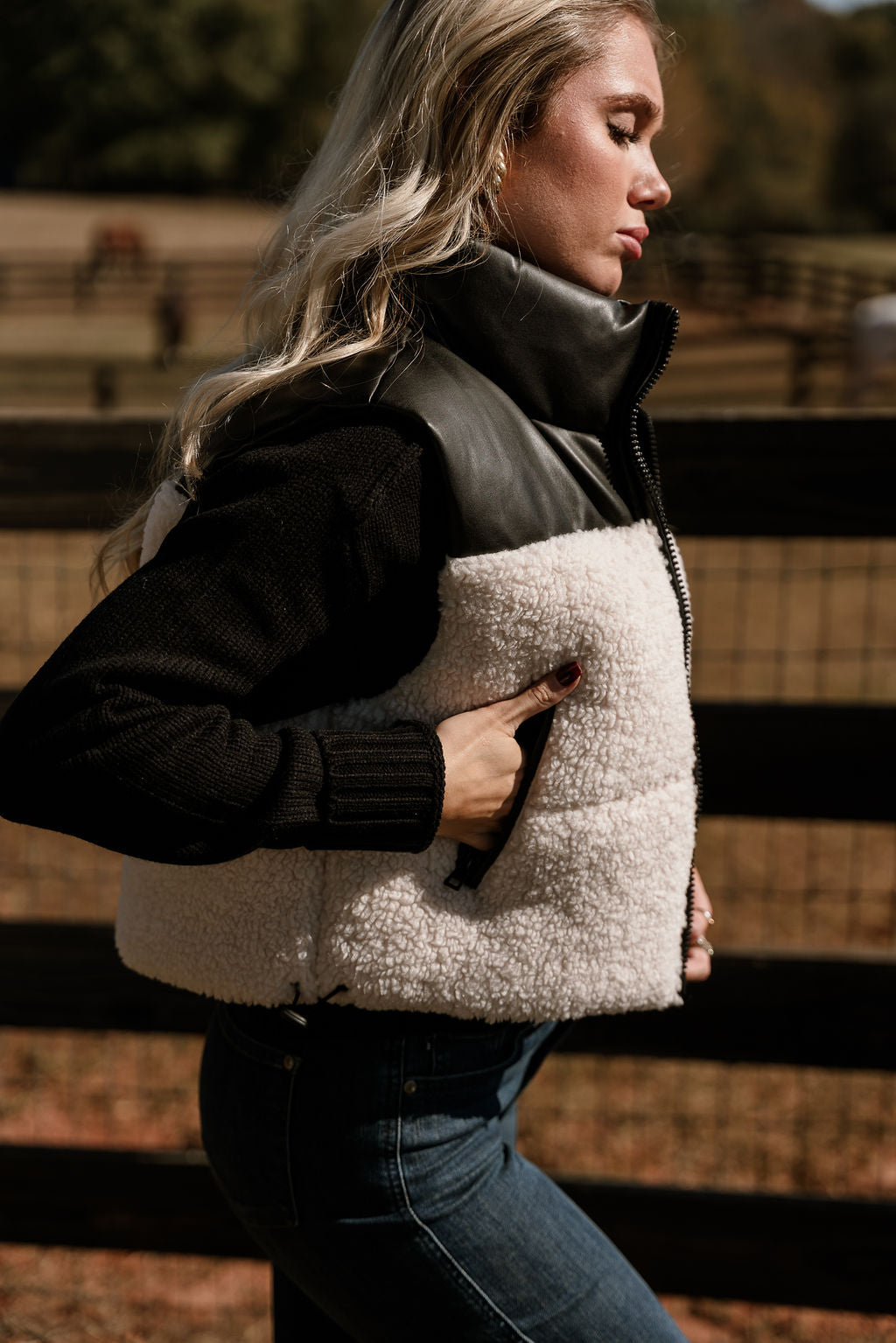 Layla Cream Shearling & Black Faux Leather Vest - Lizard Thicket