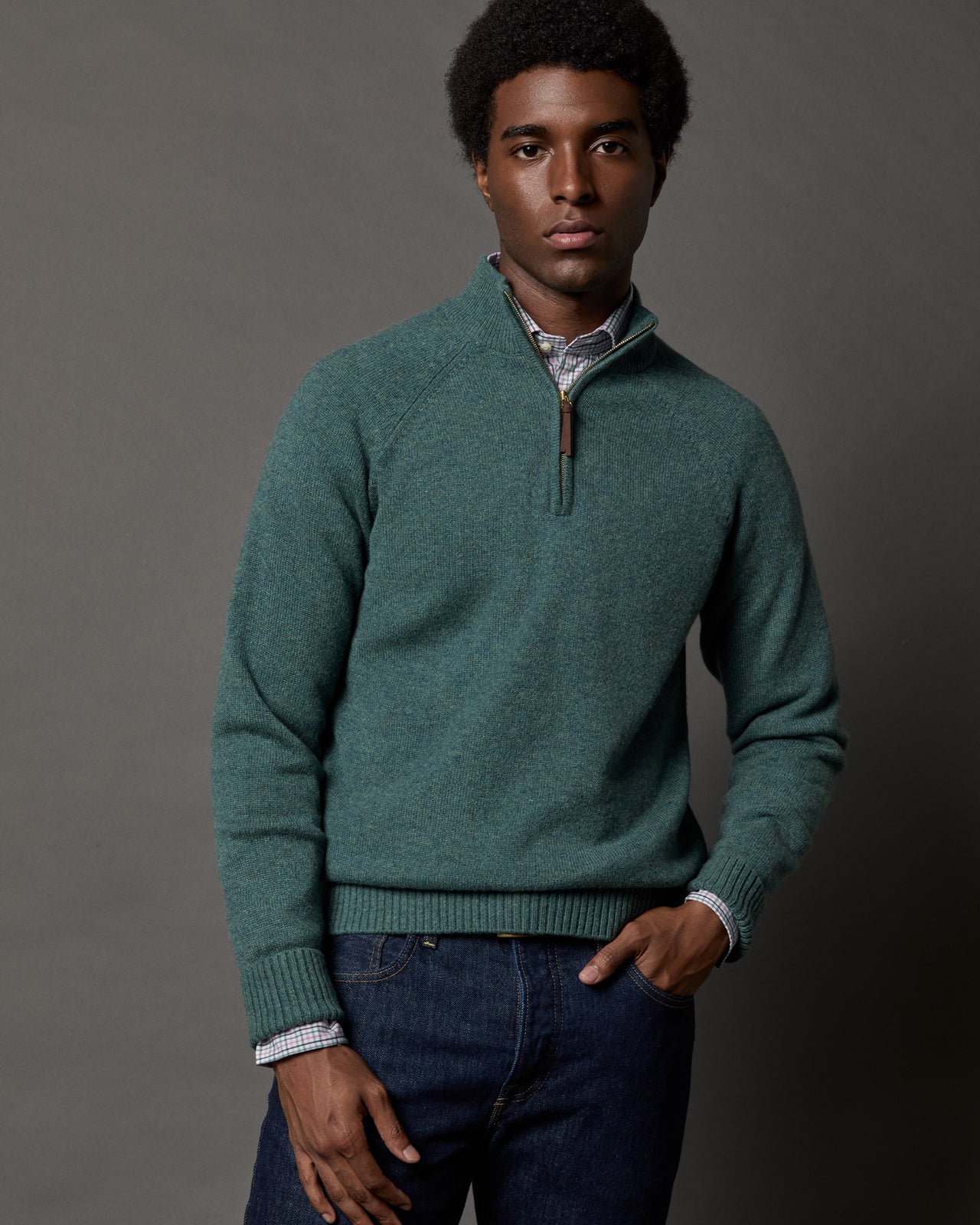 Half-Zip Sweater in Heather Pine Cashmere | Shop Sid Mashburn
