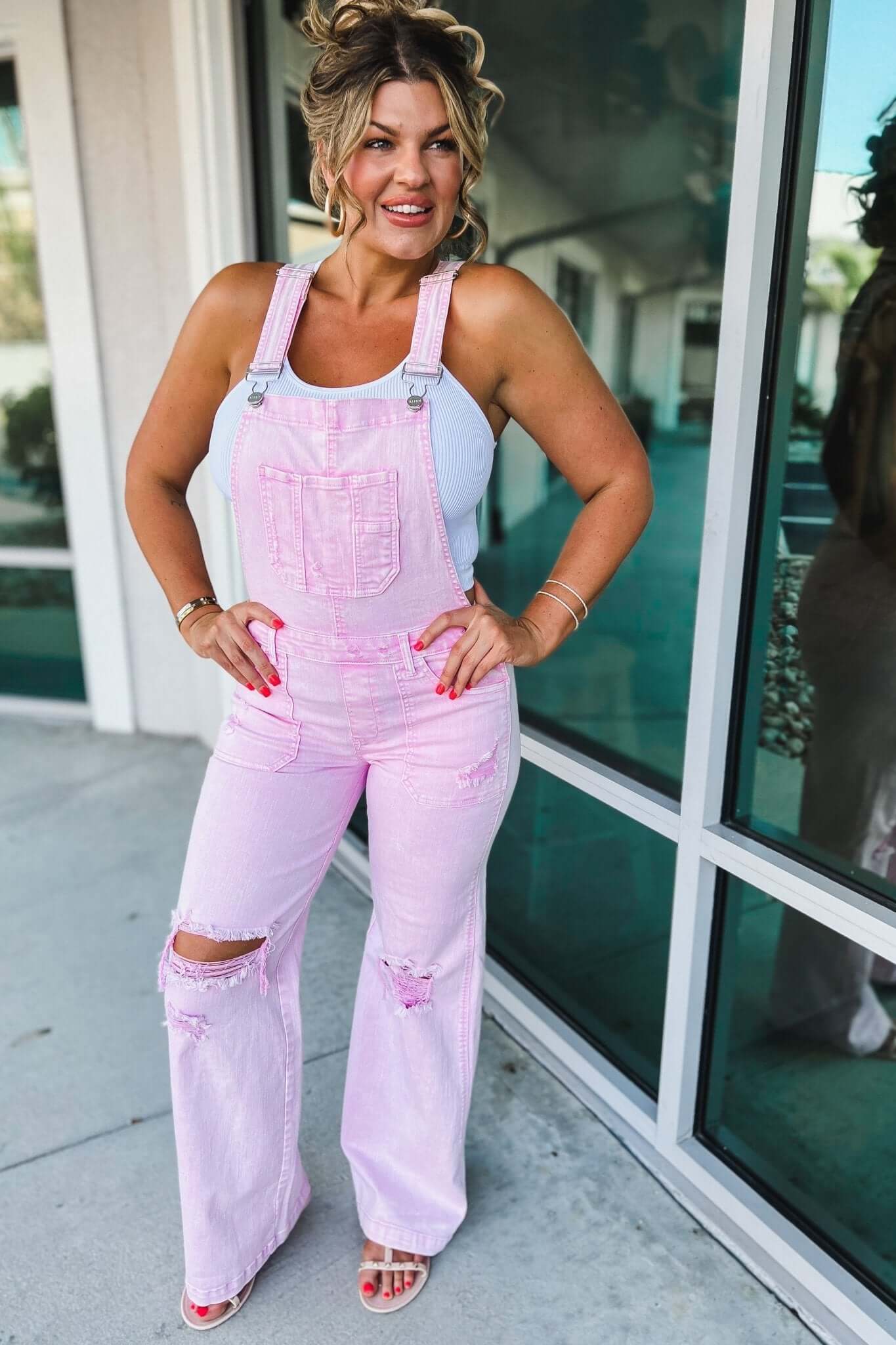 RISEN Trisha Wide Leg Acid Wash Pink Overalls Simply Me Boutique