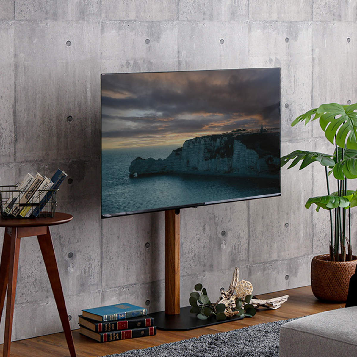 TVスタンド ロータイプ 八角支柱 32-65型対応 木目調 HDDホルダー