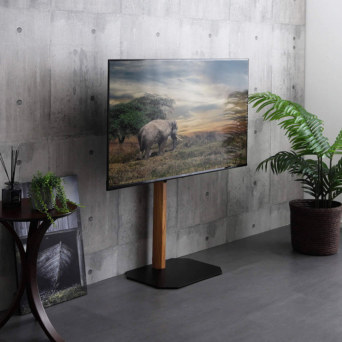 TVスタンド ロータイプ 八角支柱 32-65型対応 木目調 HDDホルダー