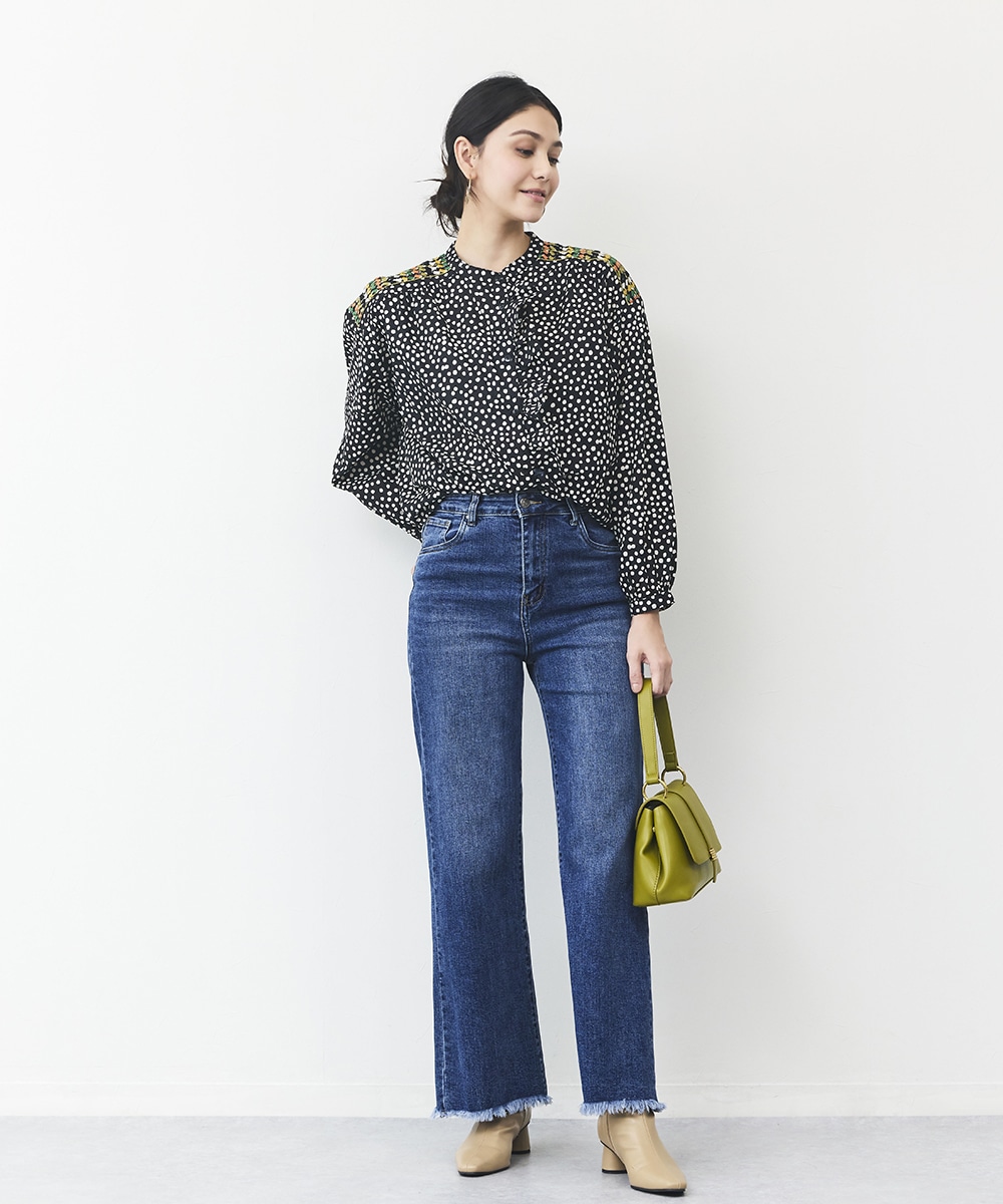 NAOさま】シェリエ＊ステッチフリルトップス＊ブラック＊ドット NAO