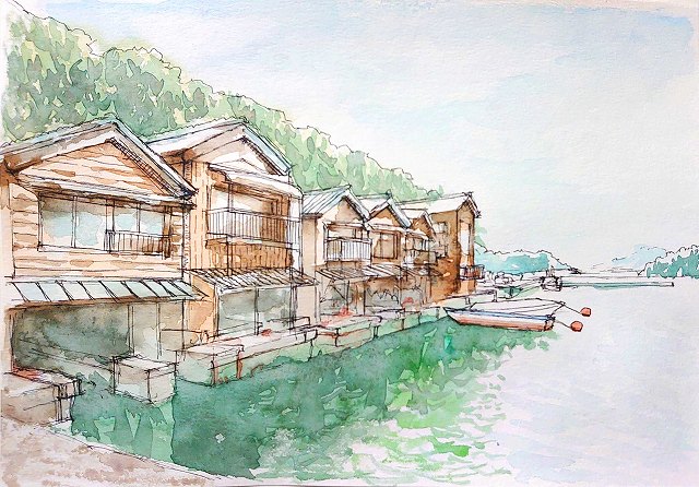 京都の「伊根の舟屋」をペンを使って描きました。 | 京都 二条城前
