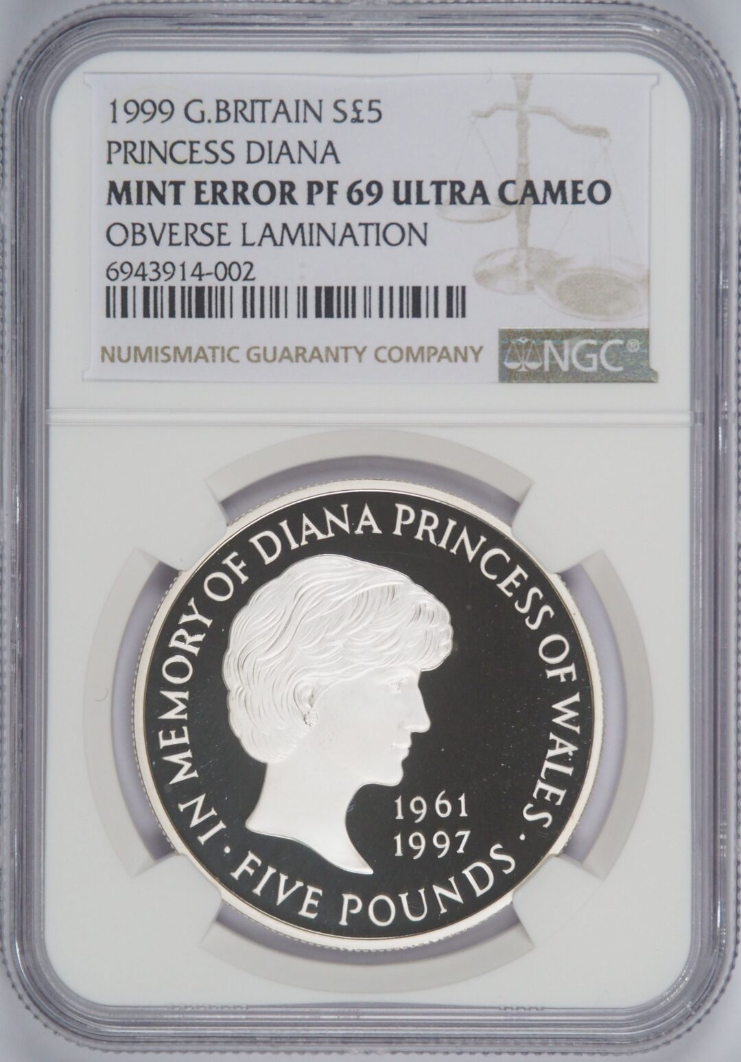 造幣局エラー】1999年ダイアナ妃追悼記念 5ポンド銀貨 NGC PF69UC 表面