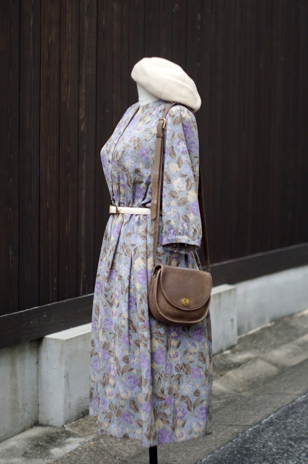 花柄 水色×パープル系 長袖 レトロワンピース バンドカラー[19039