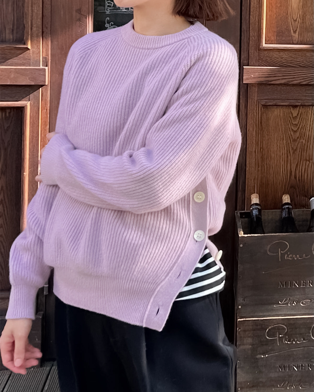 UNISEX】7G片畦編み ファインメリノウール サイド釦クルーネック SL9W-712