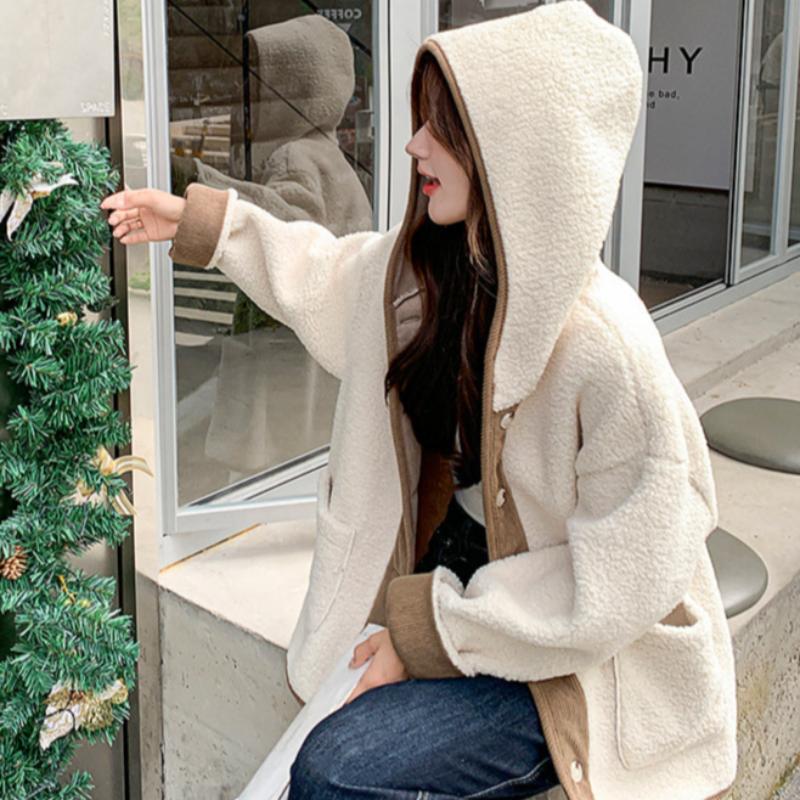 フード付きラムウールボアコート（ベージュ）秋/冬 ふんわり暖か