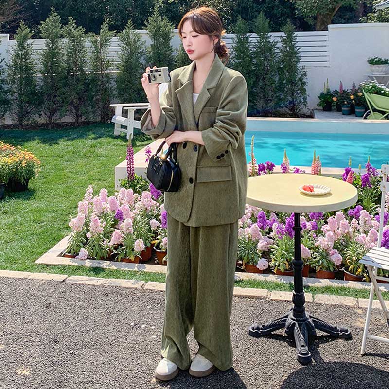 オーバーサイズグリーンセットアップ（緑）秋/冬 都会的なカジュアルスーツ