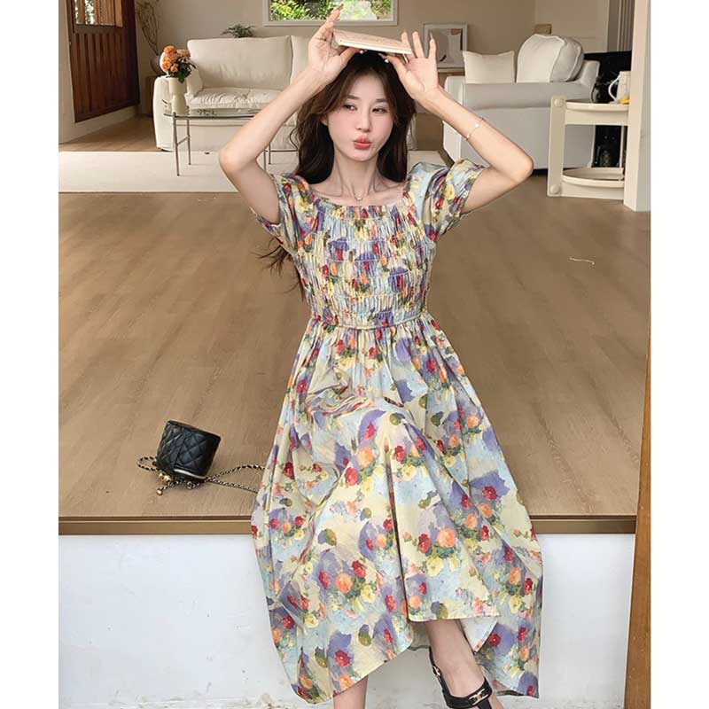 オフショルダー花柄ワンピース（青）春/夏 オフショルでヘルシーな肌見せ