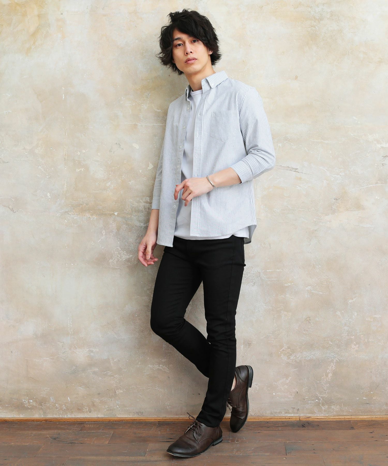 ボタンダウン先染めオックスフォードストレッチ半袖・7分袖シャツ