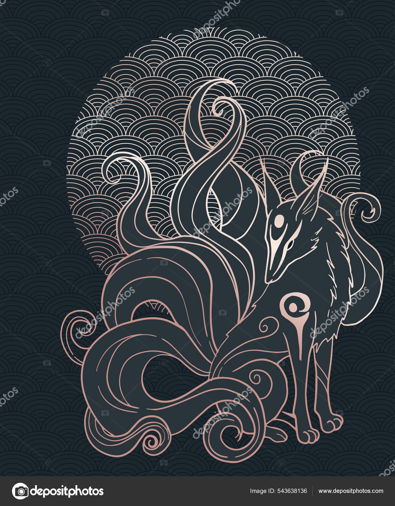 狐と九尾狐と黒と金のイラスト ストックベクター ©jeid6x 543638136