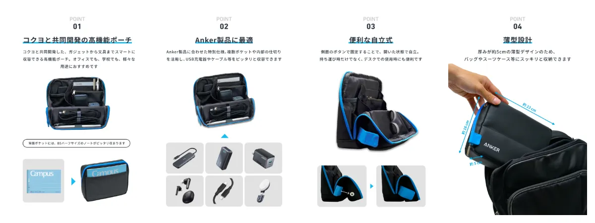 コクヨと共同開発、ガジェットから文具までスマートに収納可能な