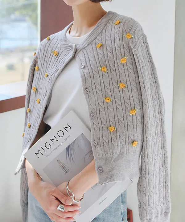 フラワーモチーフケーブルニットカーディガン [N1142] | SALE