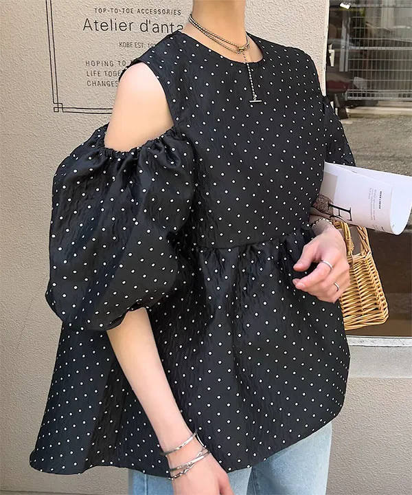 ぽこぽこジャガードショルダーカットペプラムトップス [C7074