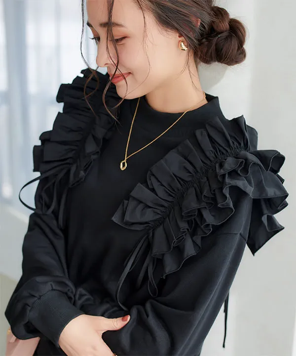 フリルギャザーデザインモックネックスウェットトップス [C7307