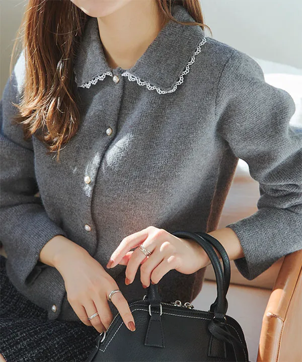 ピコレース襟付きニットカーディガン [C7373] - レディース