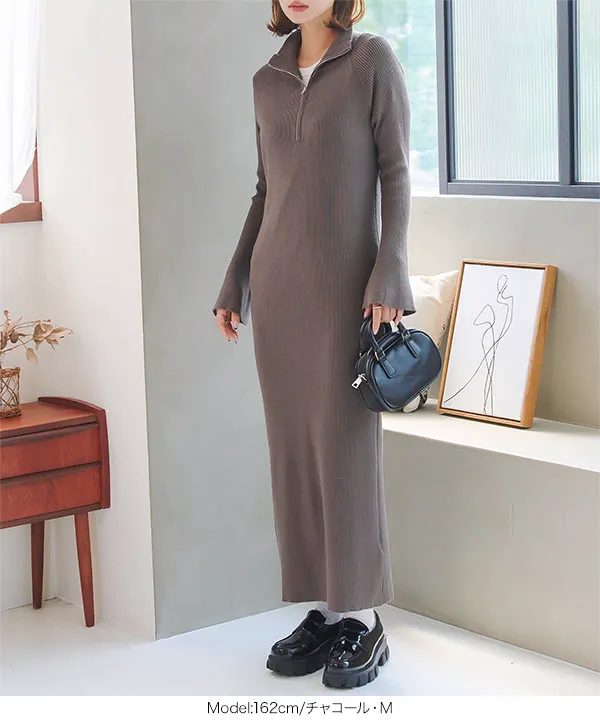 フレアスリーブハーフジップニットワンピース [E3406] | SALE