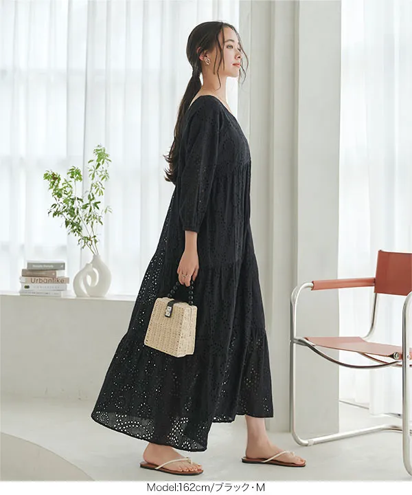 産前産後着用マタニティカットワークレース授乳ワンピース [E3418