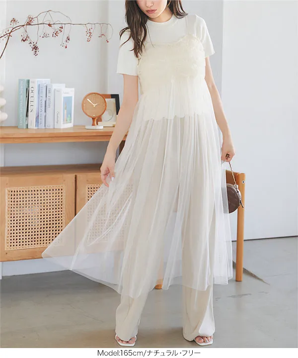 3Dローズチュールキャミソールワンピース [E3430] - レディース