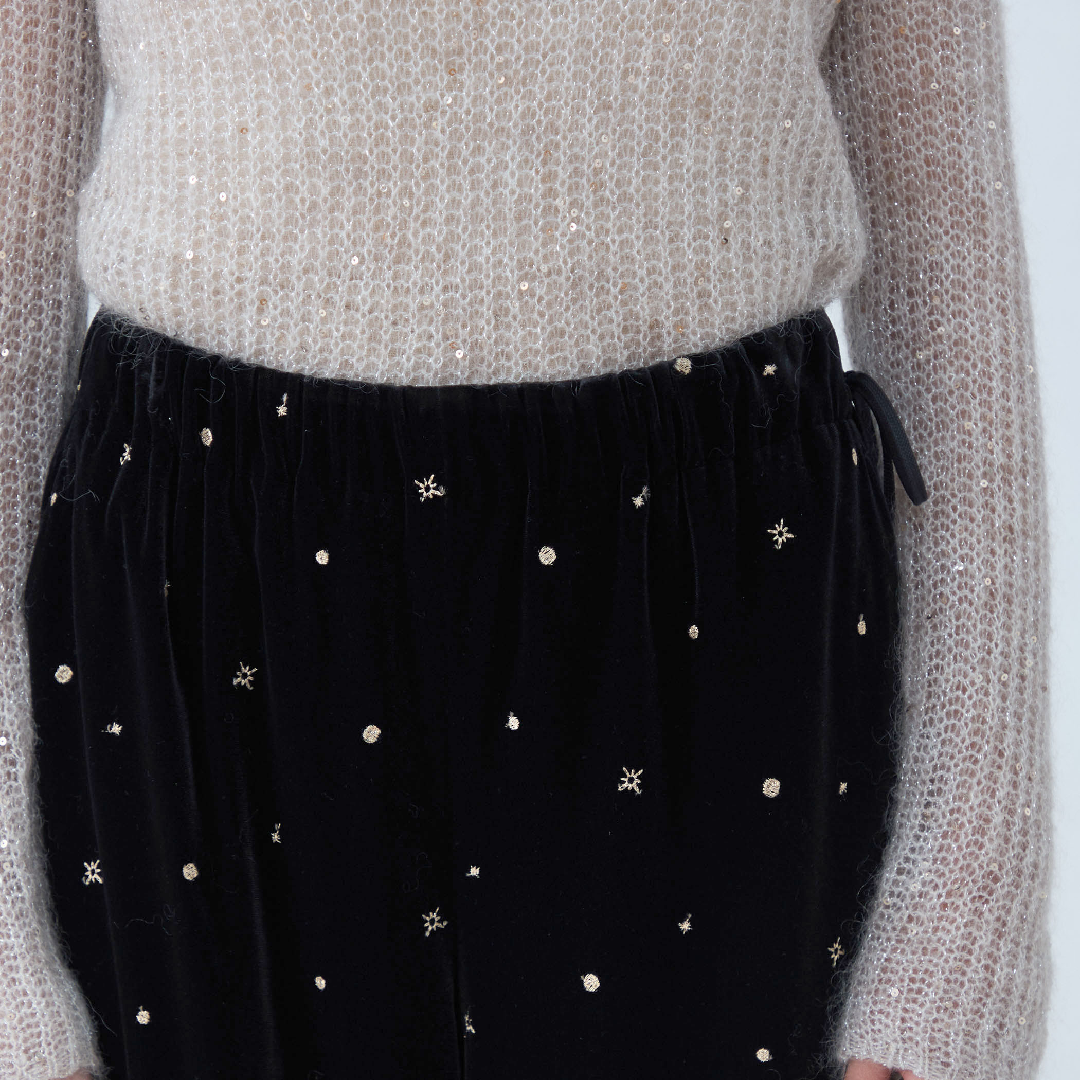 ベロアエンブロイダリー ドローストリングワイドパンツ