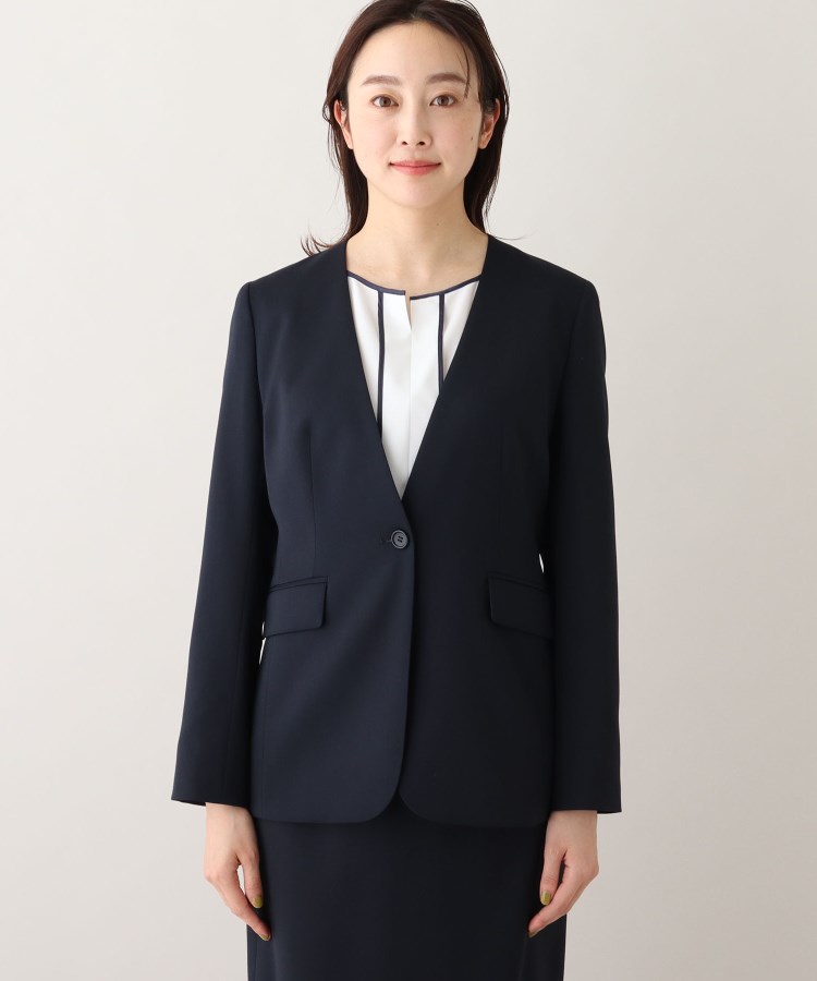 軽くて快適！】ウール混 ストレッチノーカラージャケット（ノーカラー