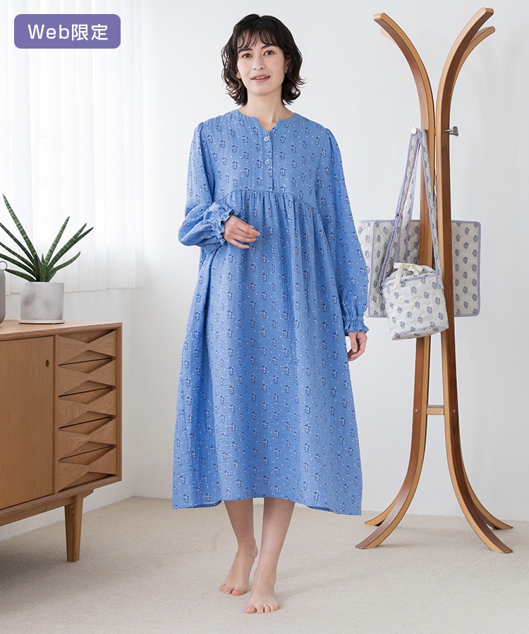 SUKALA HOME】フルーレットプリントワンピース(M・Lサイズ サックス