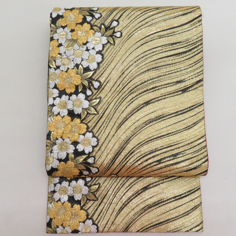 袋帯 振袖用 絹 波に桜紋様 ゴールドxブラックxホワイト 金糸銀糸 六