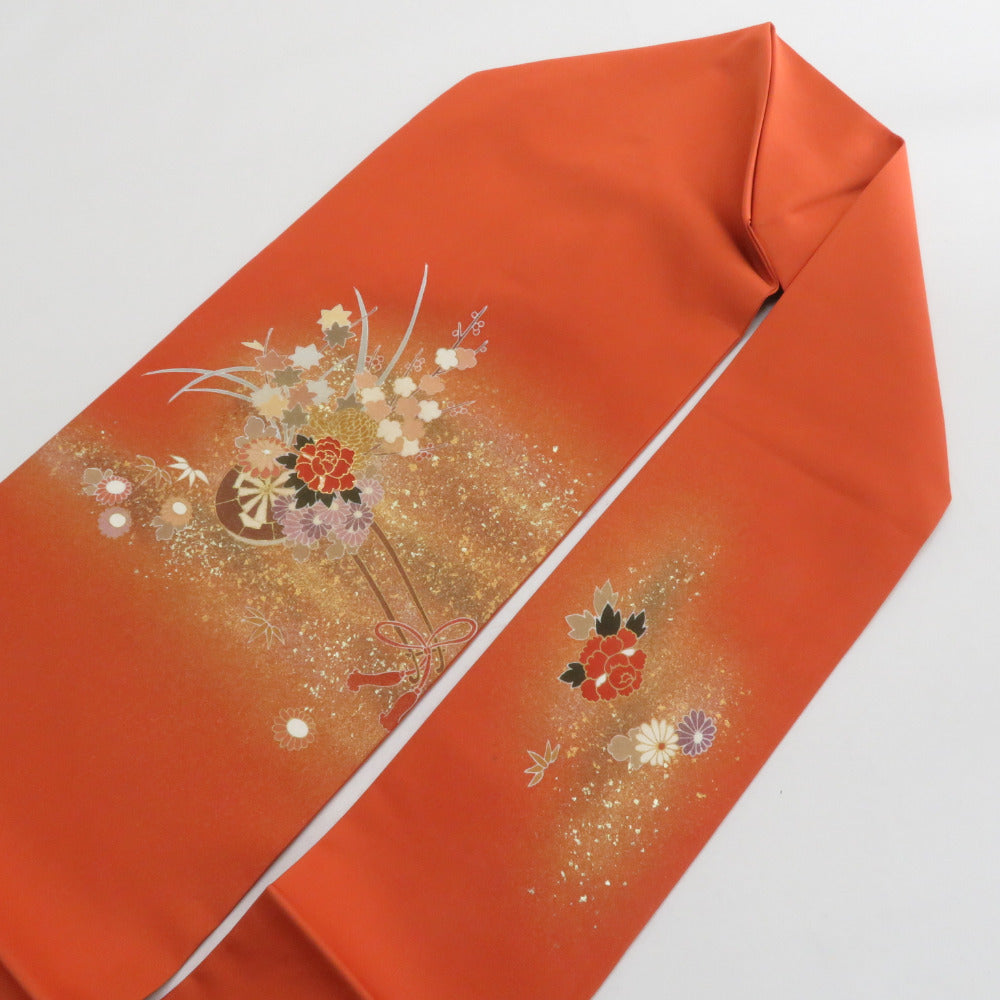 名古屋帯 正絹 塩瀬 オレンジ地 オレンジ色x薄黄色x薄緑色 花車模様