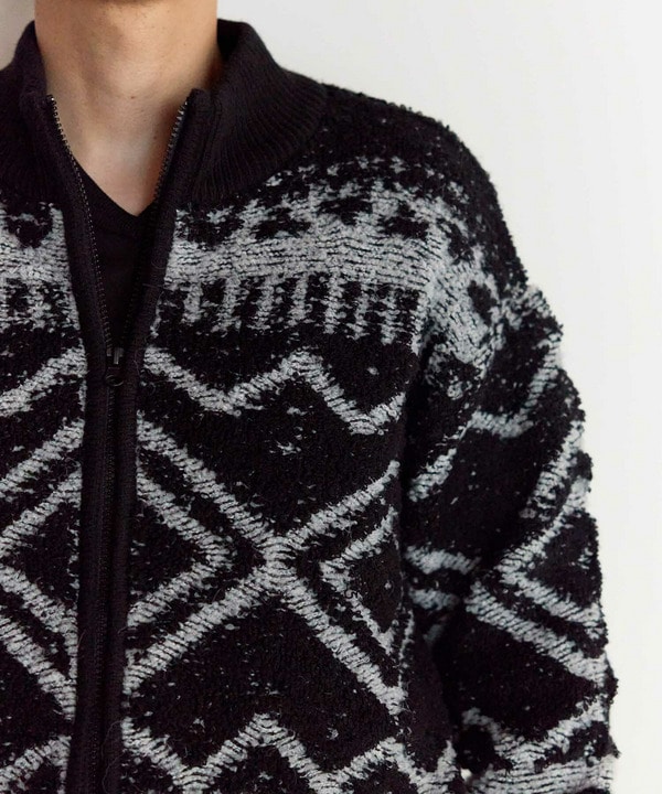 カウチンモチーフデザイン ZIPアップスタンドニットブルゾン｜メンズ