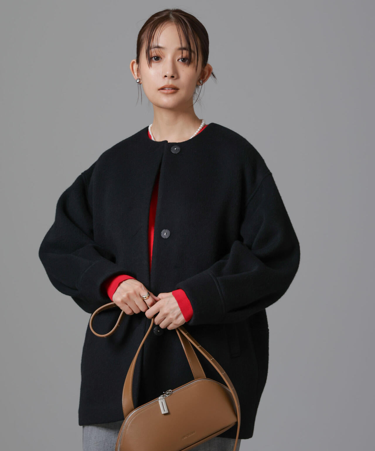 PECOLAMB ウール カシミヤ ノーカラー ミドル丈コート