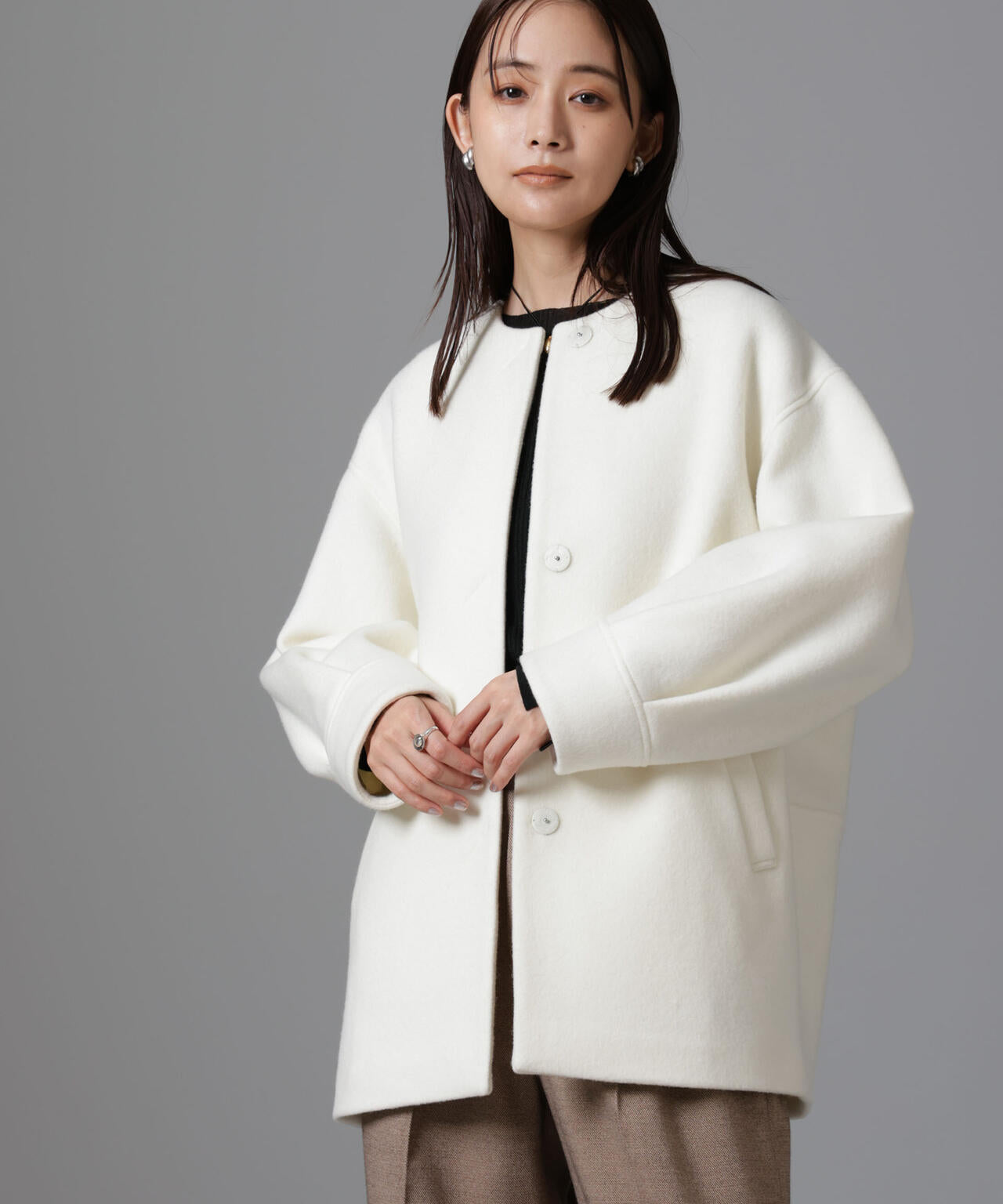 PECOLAMB ウール カシミヤ ノーカラー ミドル丈コート