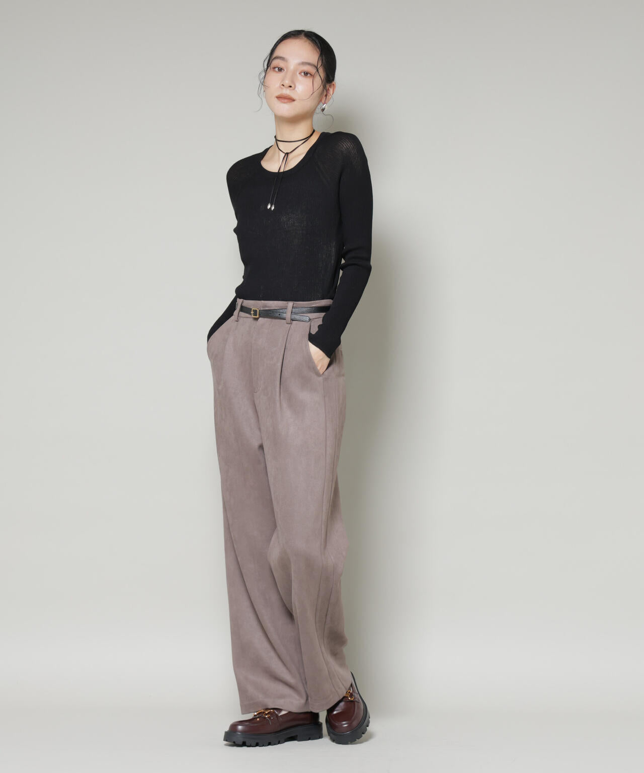 ツイード Iライン ワンピース × シアー リブニット セット