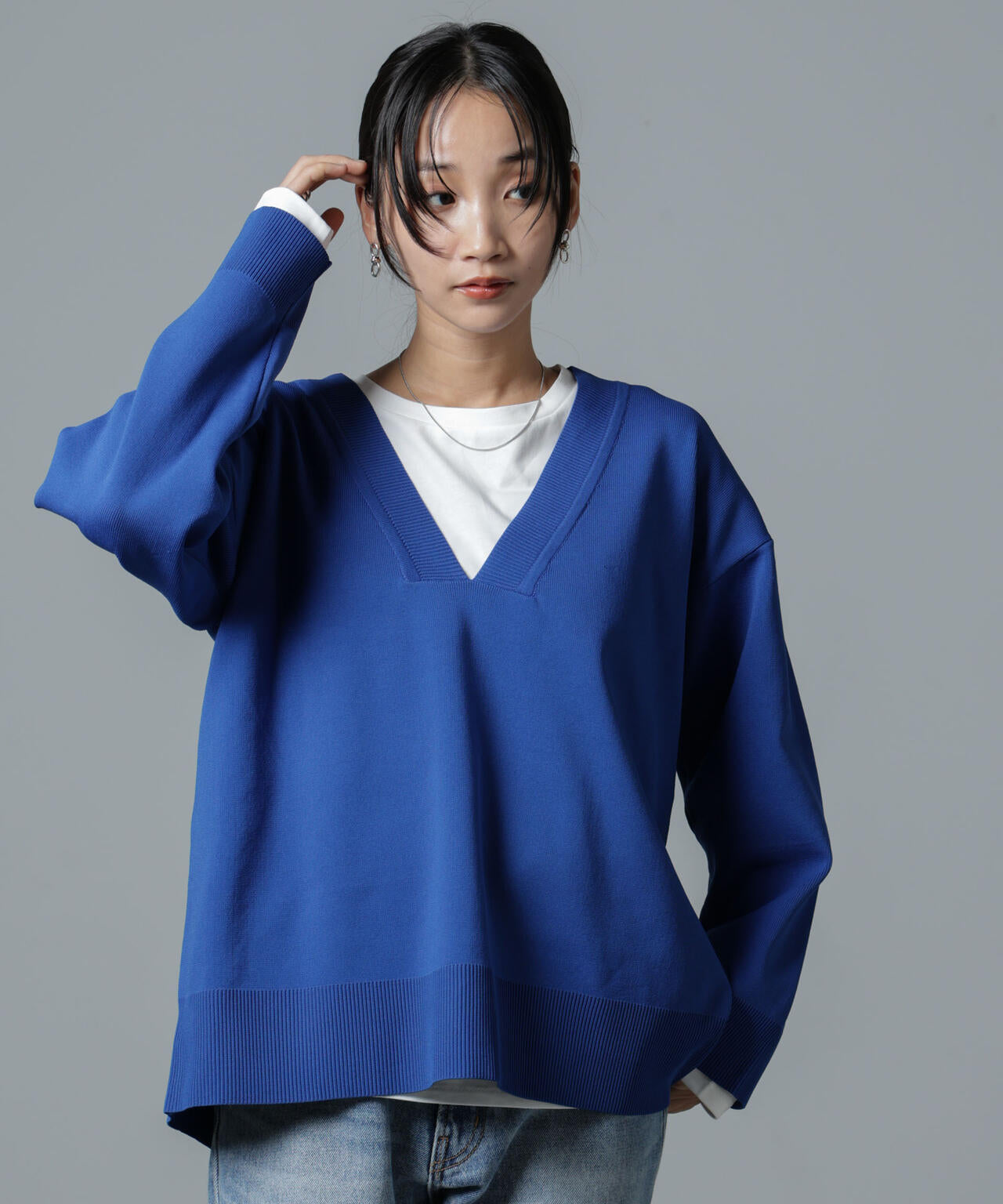 洗濯機洗い可 Vネック バックスリット ニット トップス