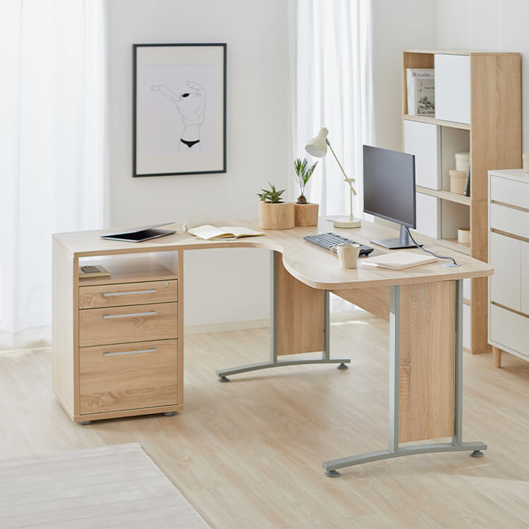 L字デスク(オーク/ブラウン)引き出し収納の鍵付きタイプ | 【公式