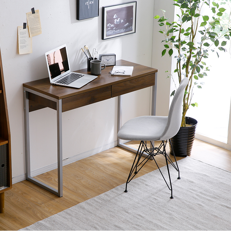 パソコンデスク(ホワイト/ウォルナット)引き出し2杯付きの北欧風