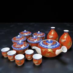 宮内庁御用達 深川製磁 慶びの器 金銀彩 鶴紋 13点 急須 湯呑 酒器