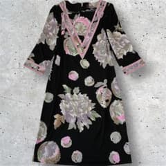 LEONARD レオナール カンカン ストレッチ 花柄 ワンピース 42サイズ