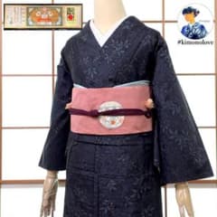 本場大島紬 着物・和装コート 2点セット 正絹 草花柄 濃藍 A-2027