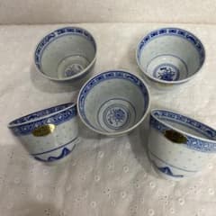 中国景徳鎮 蛍手煎茶碗 染付 湯呑み 5客セット 茶托付き - メルカリ