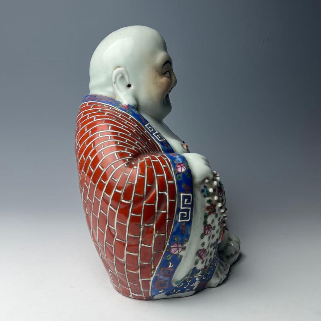 優美 粉彩布袋 江西景徳 朱茂記造 底款 色絵 布袋像 座布団付 仏教中国