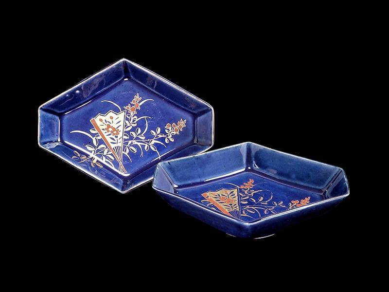 古伊万里　瑠璃　扇に桔梗の図　菱形変形皿　２客　D039AS-DAm R》伊万里 染付金彩 山水図 菱形皿9客 変形皿250714E2