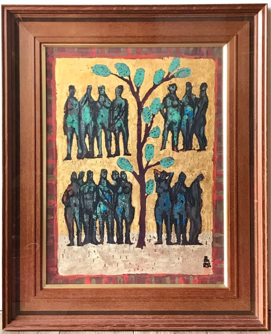 真作　上野泰郎　油絵　油彩画　木の下の人々　金地　キリスト教　額装　サイン入り 真作上野泰郎油絵油彩画木の下の人々金地キリスト教額装サイン入り