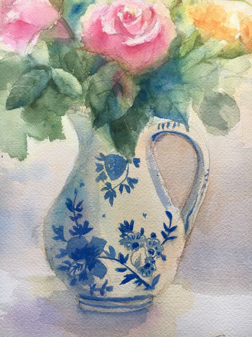 透明水彩画原画デルフト焼きの花瓶と春の薔薇たち④ - メルカリ
