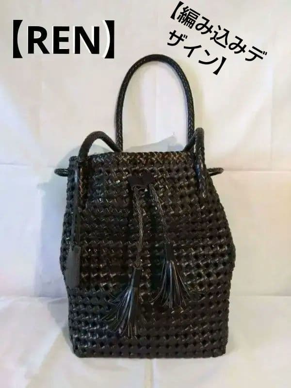 REN レン 黒系 かごバッグ 編み込みデザイン REN トートバッグ レディース 小さめ レン バッグ メッシュ ゴート
