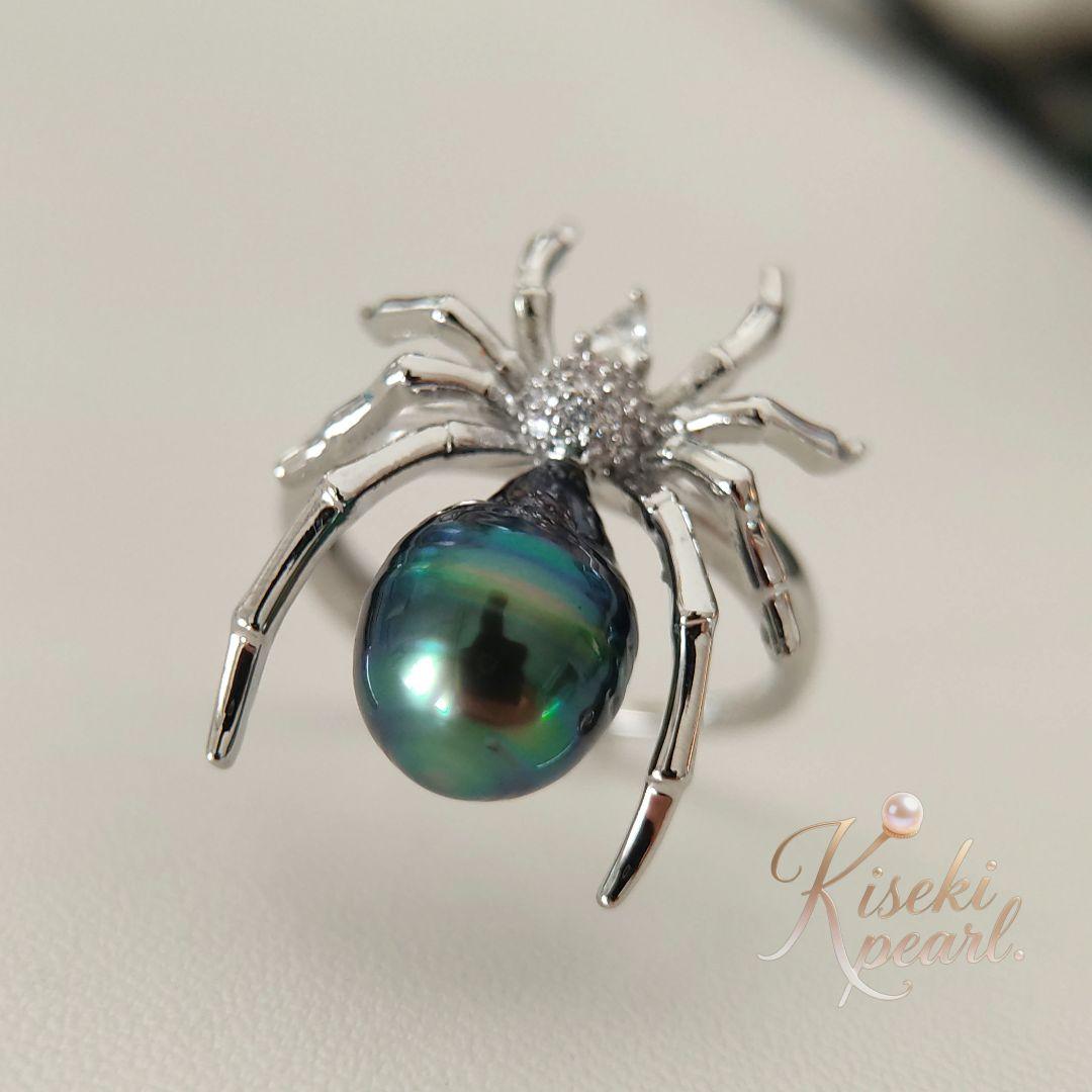 本真珠 南洋黒蝶真珠 タヒチパール ピーコックブルー✨️クモデザイン