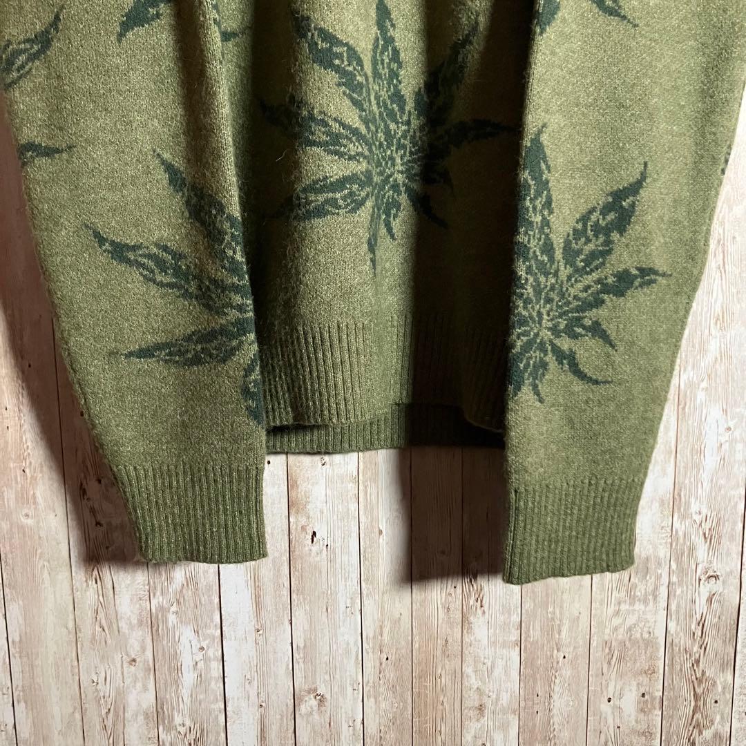 304【美品】HUF ハフ ニットセーター マリファナ柄 大麻柄 カーキ L