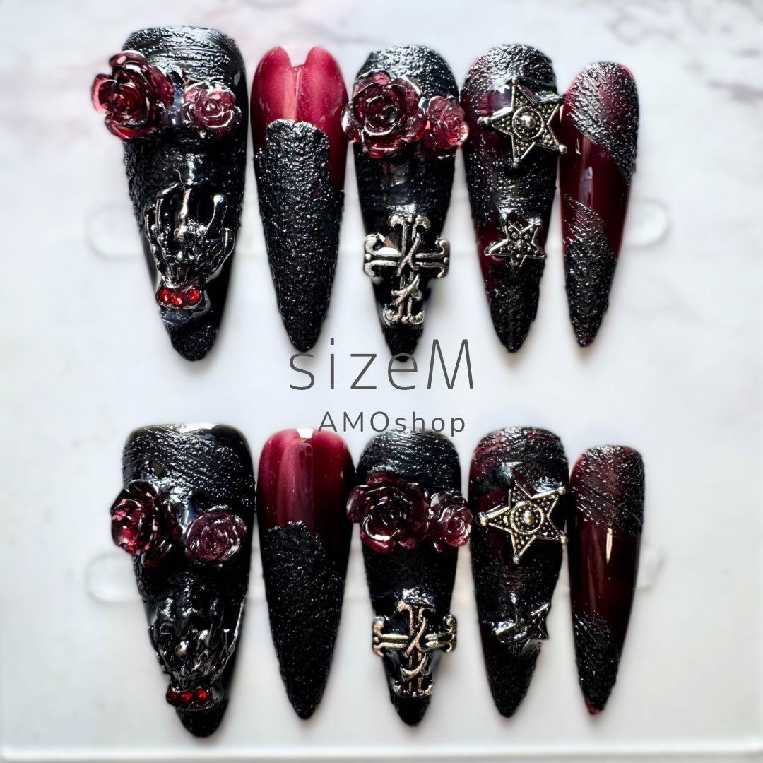 現品限定】地雷 サブカル ゴシック ゴテゴテ クロ×アカ ネイルチップ