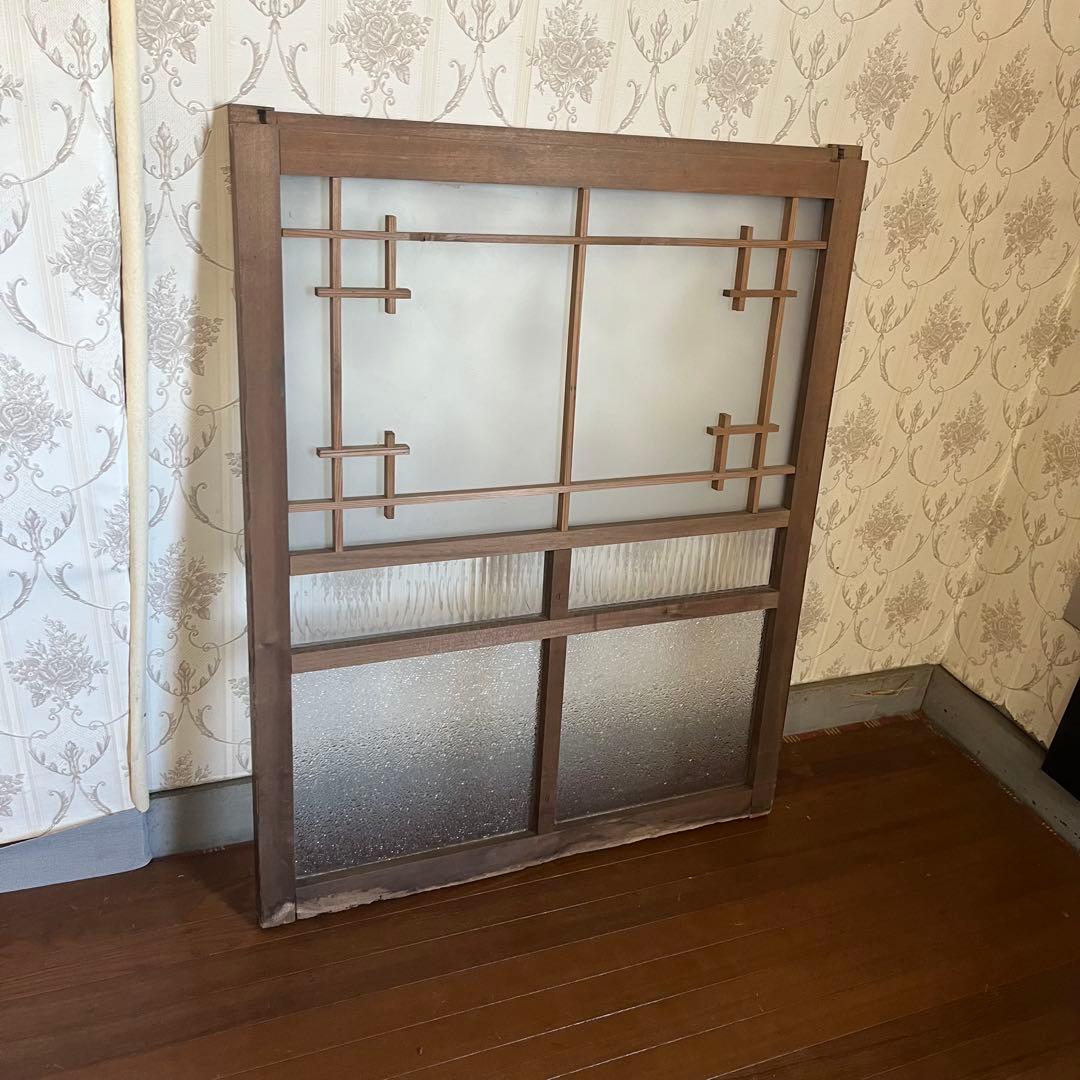 アンティーク】昭和レトロ 木製 建具 格子窓 引き戸 モールガラス 2枚