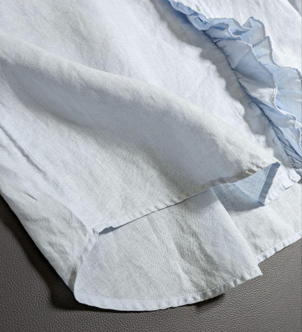 ツムグ／立体フリル リネンブラウス ライトブルー サックス 長袖